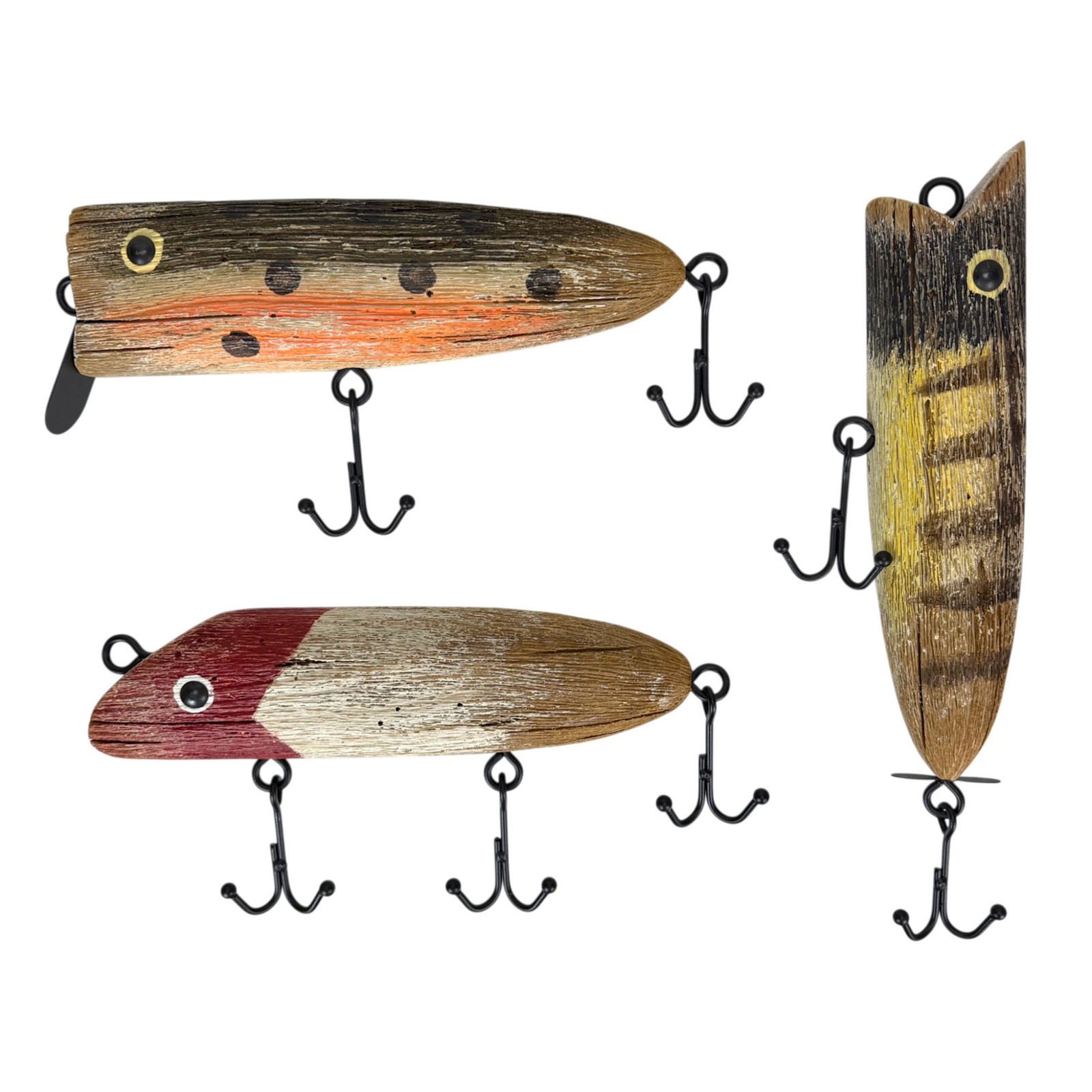 Fishing Lure Wall Hook Sculptures Set of 3 Vintage Wood Metal 13 in Decor