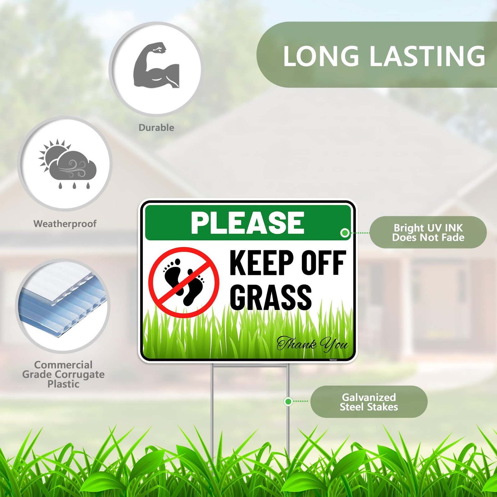 2PC Keep Off Grass Sign with Stake, 12 Inches by 9 Inches – Corrugated Plasti…