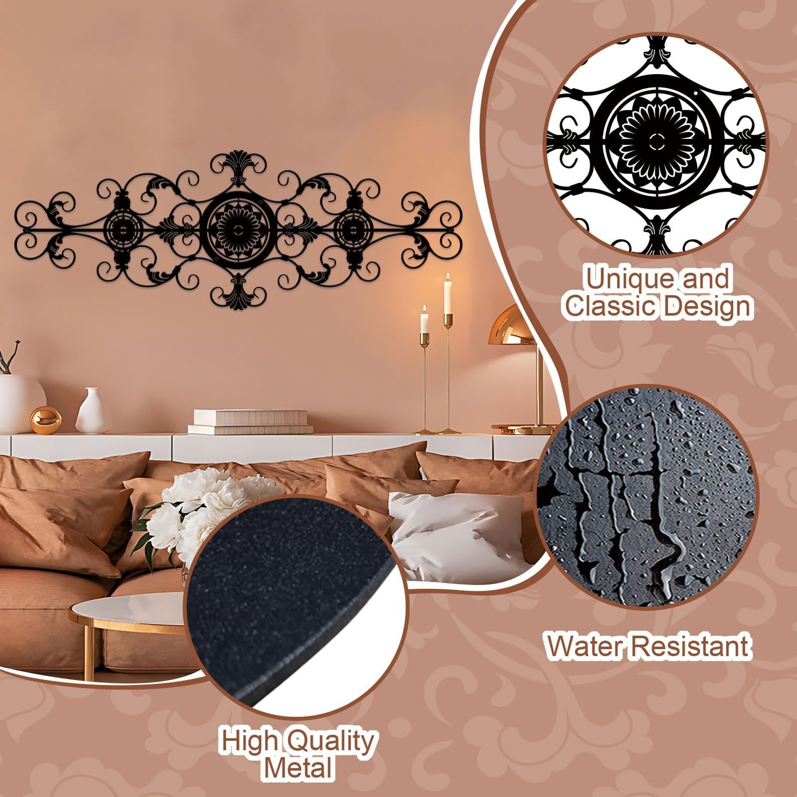 Black Flower Scroll Metal Wall Decor, Hanging Flower Scroll Metal Wall Art De…
