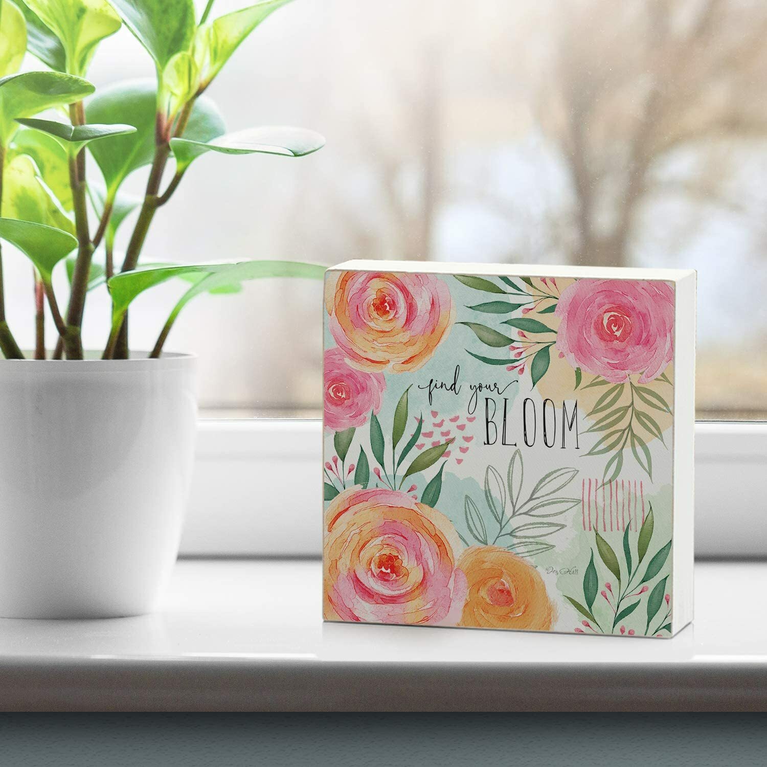 Counterart Wood Block Décor Message Find Your Bloom Sign, 3.75 inches Square