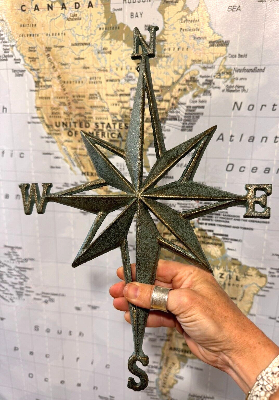 Nautical Star Compass Wall Beach Decor Verdigris Green Patina Rustic Cast Iron
