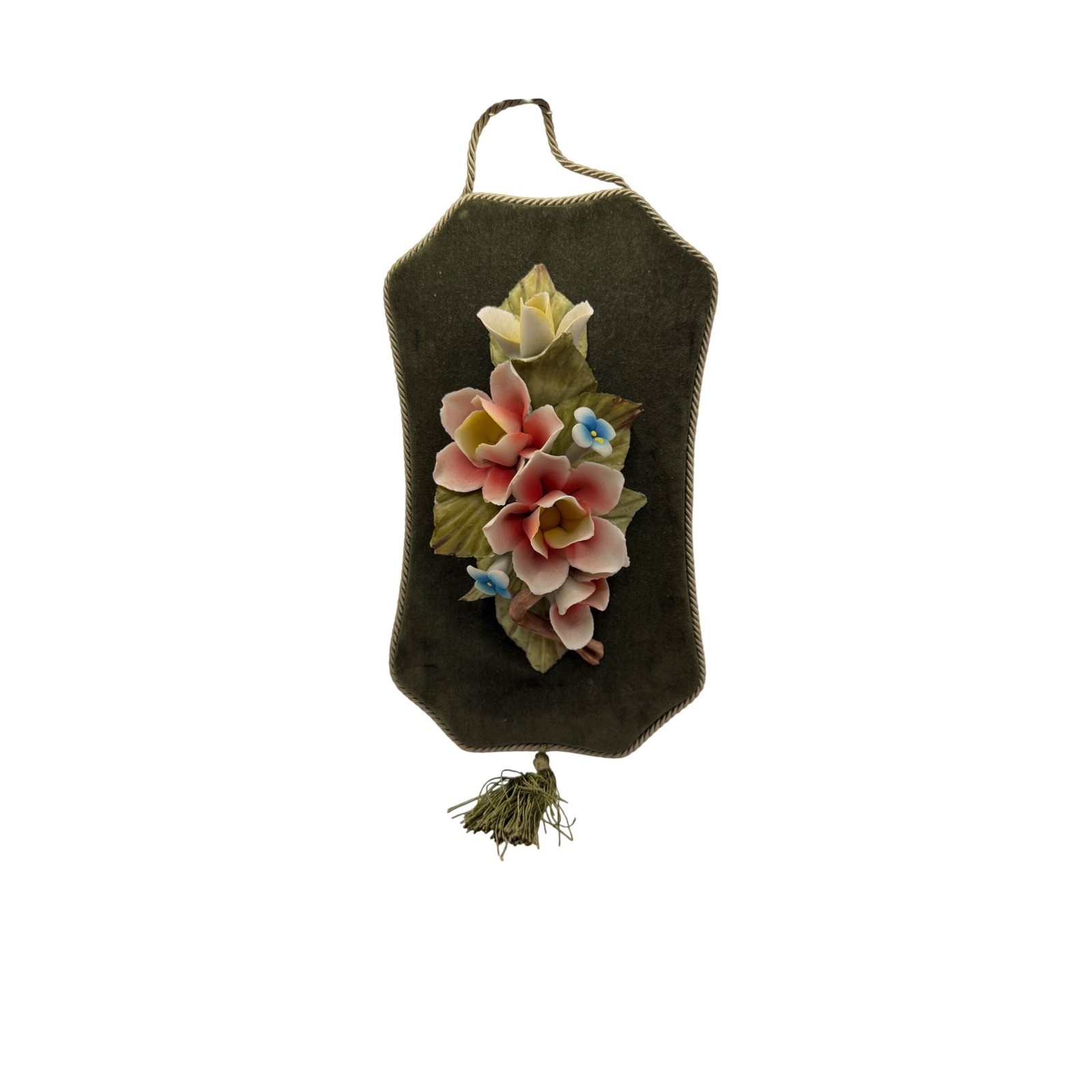Vintage Capodimonte Italy Porcelain Floral Wall Plaque Green Velvet Tassel 11in