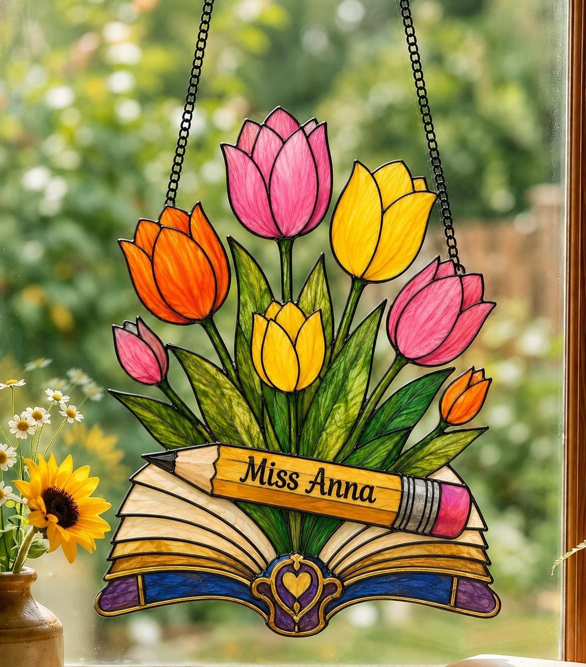 Custom Teacher Name Suncatcher – Personalized Crayon Acrylic Classroom Decor