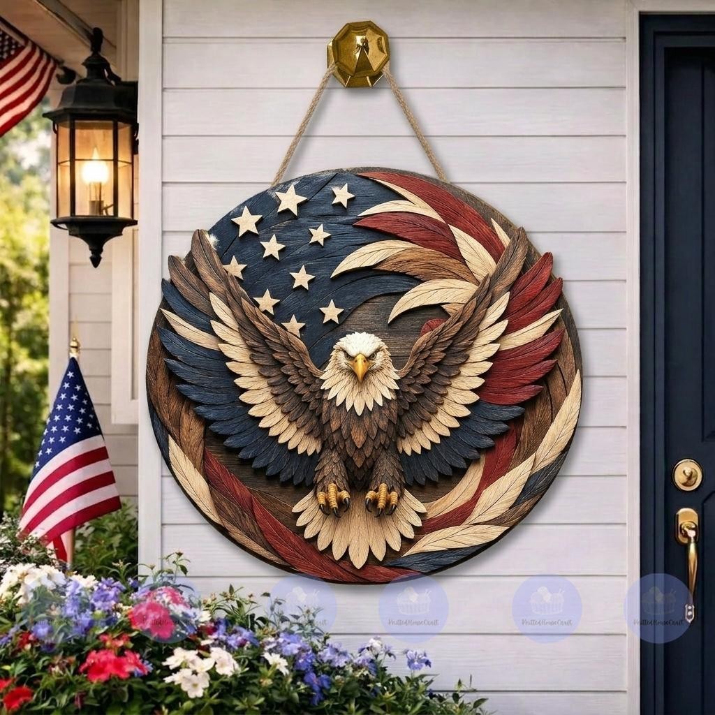 Patriotic Eagle Wooden Door Hanger, Americana Front Porch Sign, Rustic American
