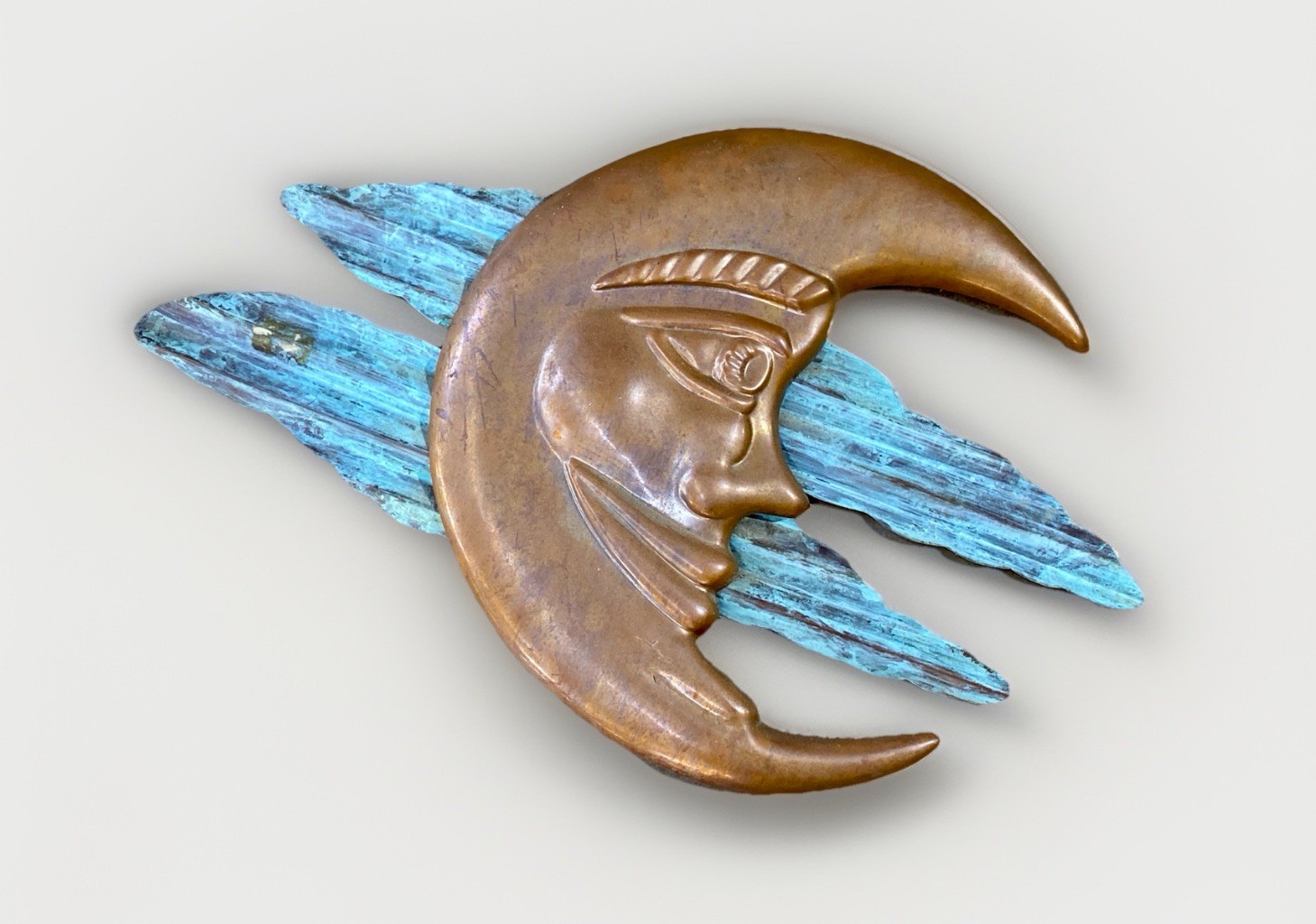 Solid Copper Crescent Moon Amongst Verdigris Clouds Wall Art, 25″ Long