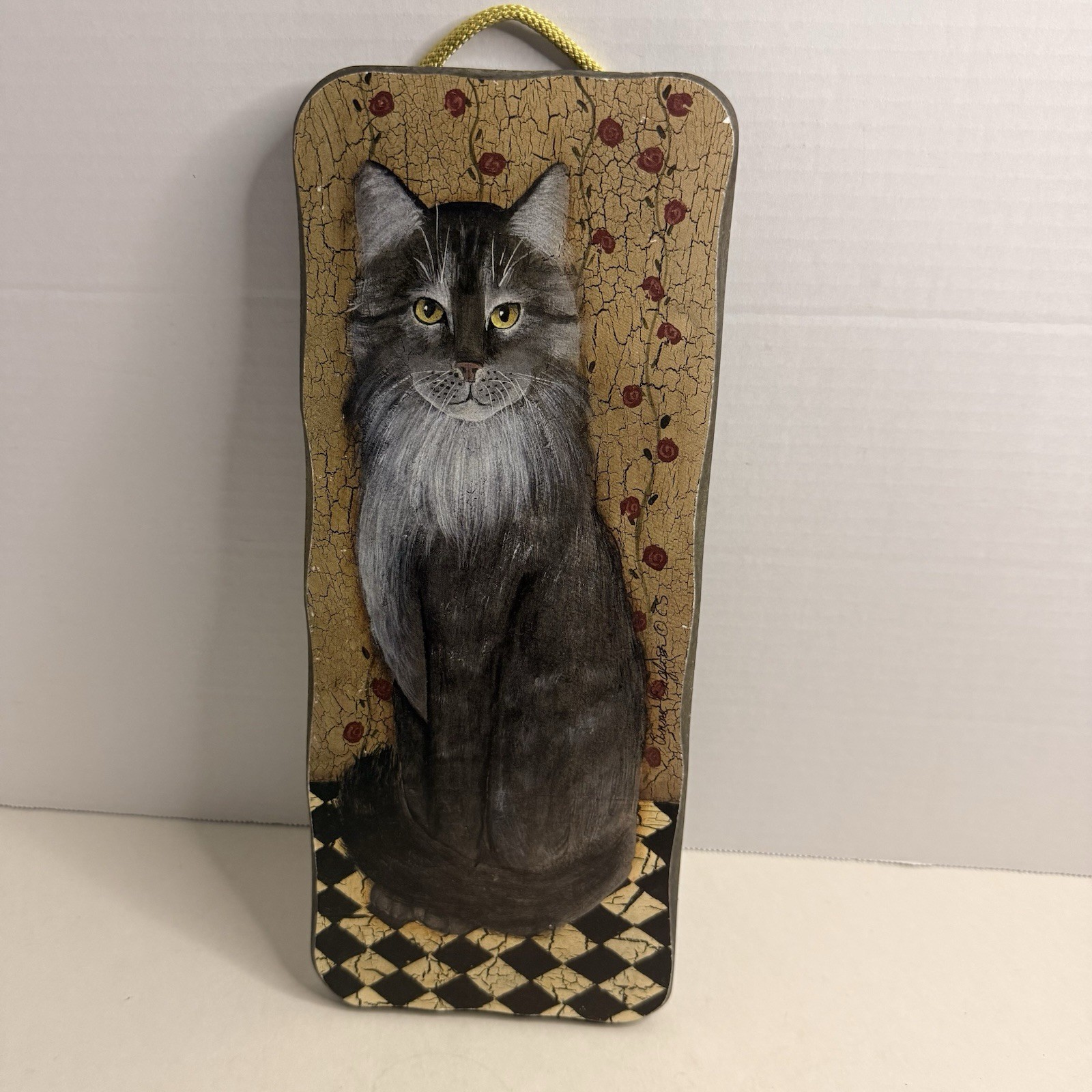 Anne English Cat Wall Hanging Folk Art Plaque Crackle Finish Primitive Decor