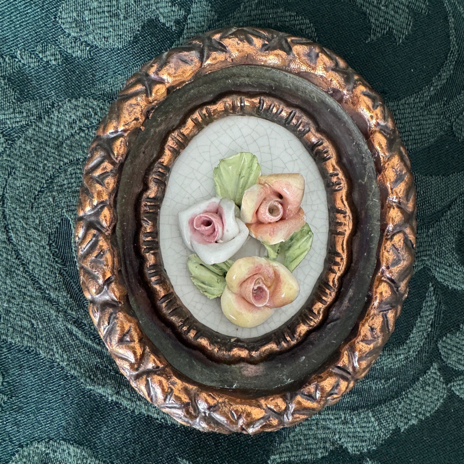 2 VTG Capodimonte Like 3D Porcelain Flowers Gold Framed Wall Plaques MCM Italy