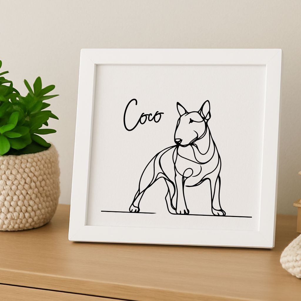 Custom Bull Terrier Dog Portrait on Wood in Frame Personalized Laser Etched Art