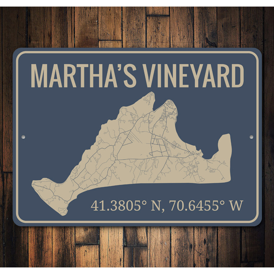 Martha’s Vineyard, Coordinates Destination Sign, Island Outline Metal Sign