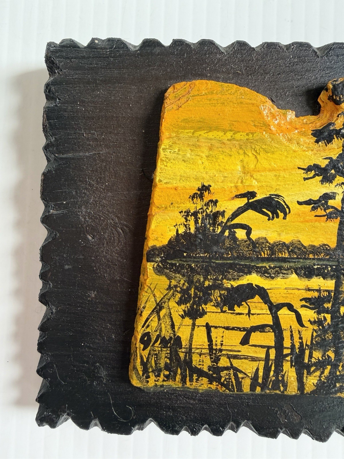 Vtg Hand Painted Slate Picture On Wood, Sunset Swamp Lake Scene Hanging Wall Art