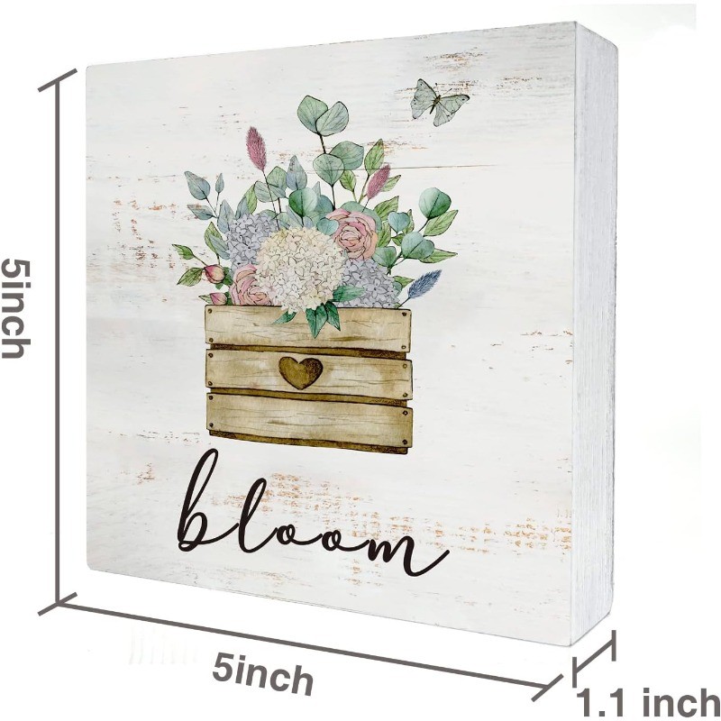 Bloom Floral Wooden Box Sign Rustic Spring Flowers Home Office Decor Plaque