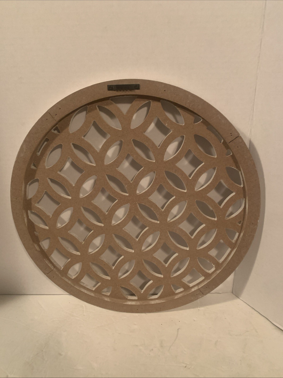 Wood Wall Medallion Geometric Distressed White Scrolled 14” Cottagecore