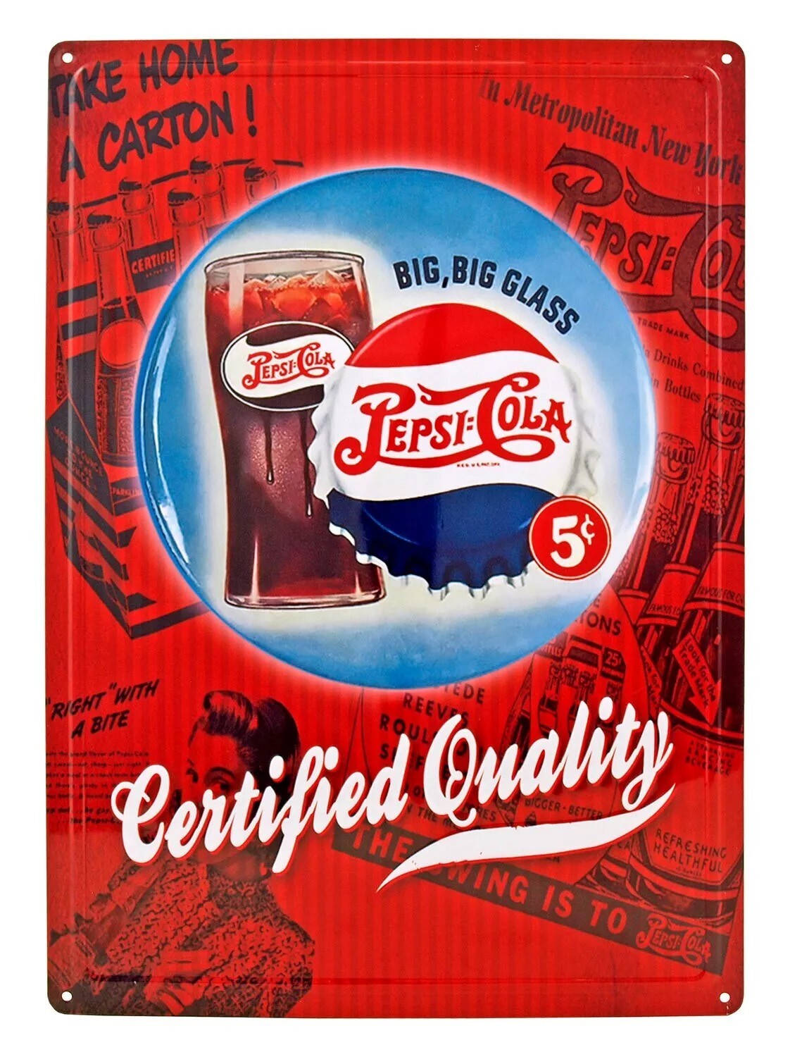 Vintage Pepsi-Cola Big Glass 5 Cent Metal Tin Sign – Retro 12″ x 17″ Wall Decor