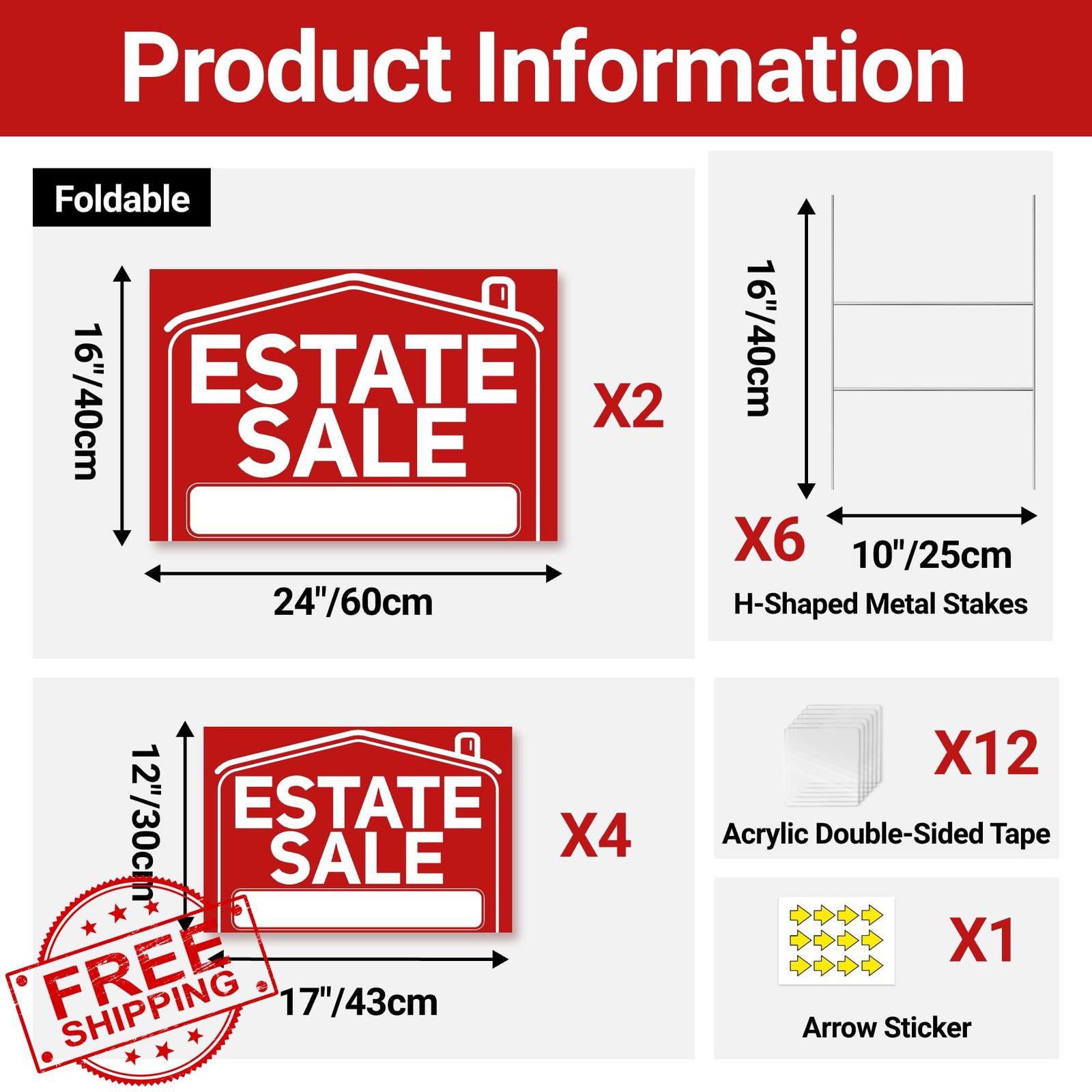 6 Estate Sale Signs w/Stakes, XL 24″x16″, L 17″x12″, Double Sided