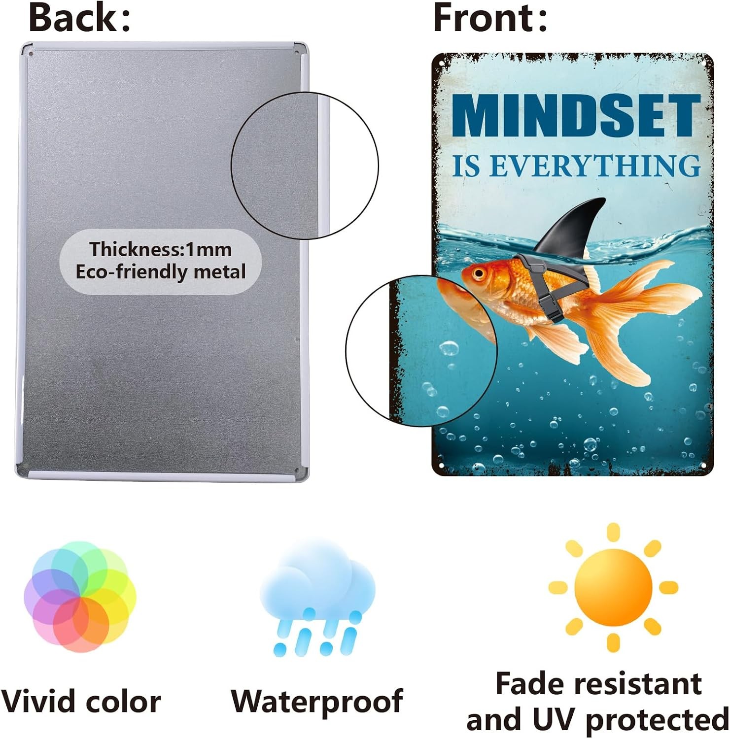 Goldfish Shark Mindset Metal Tin Sign 8×12 Ocean Wall Decor Inspirational Gift