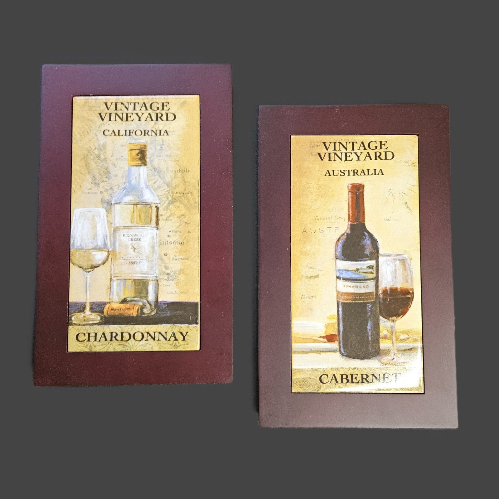 Vintage Vineyard Decor Australia Cabernet, California Chardonnay Tile & Wood