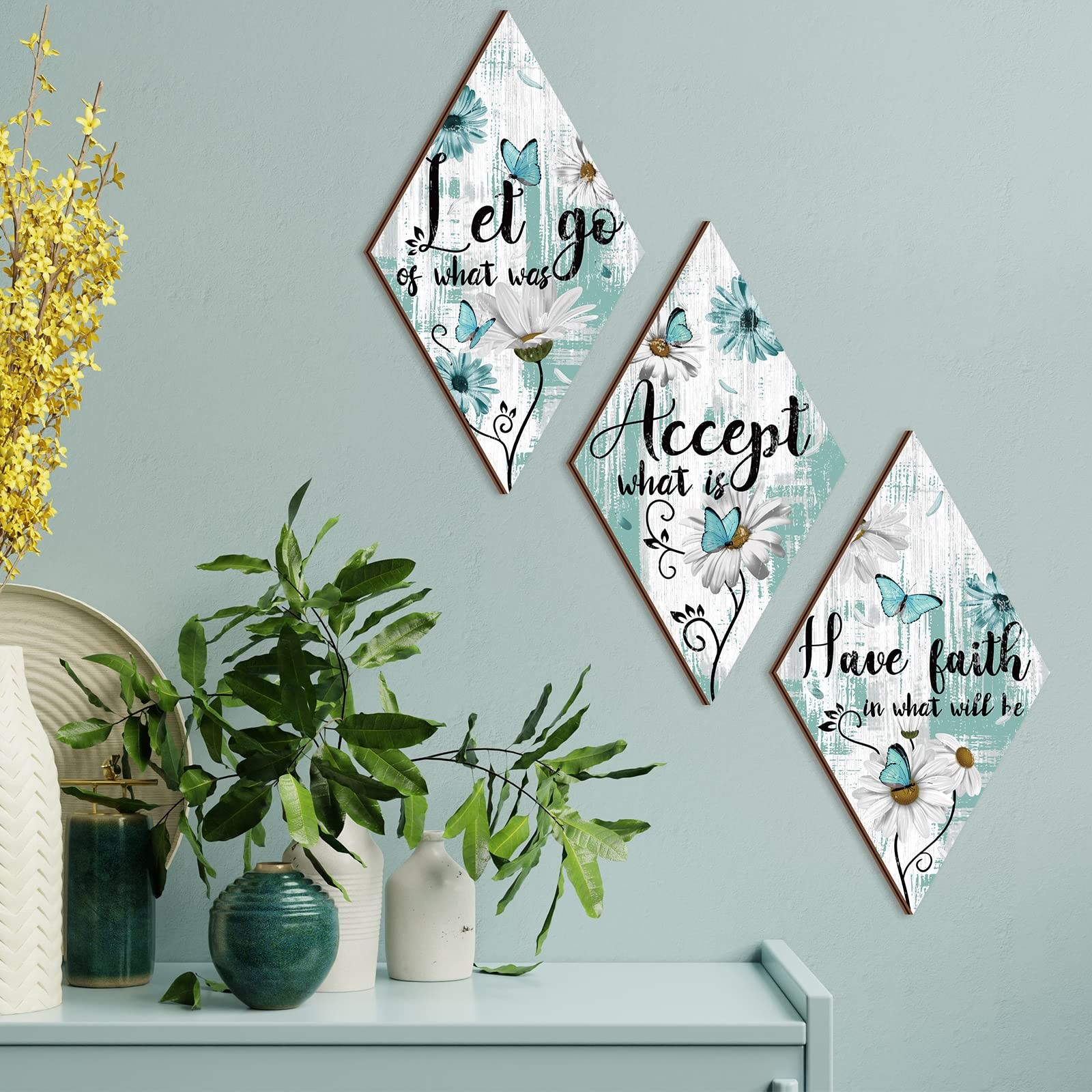 Sintuff 3 Pcs Wooden Wall Decor for Bedroom Inspirational Rustic Flower Wall