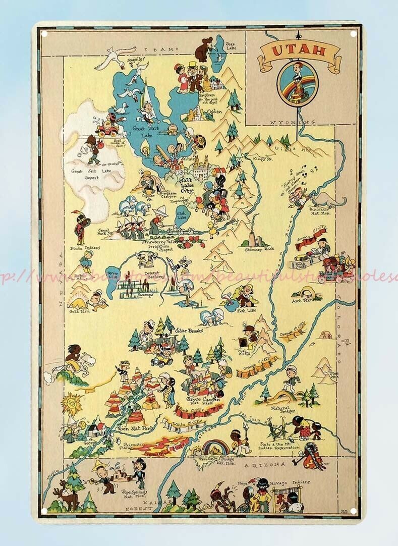 Pictorial map of UTAH state by Ruth Taylor 1935 metal tin sign big wall decor