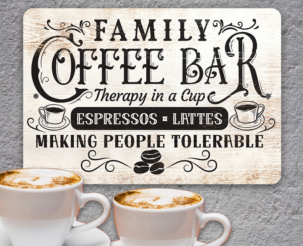 Family Coffee Bar – Therapy in a Cup Durable Metal Sign – Coffee Lovers Gift