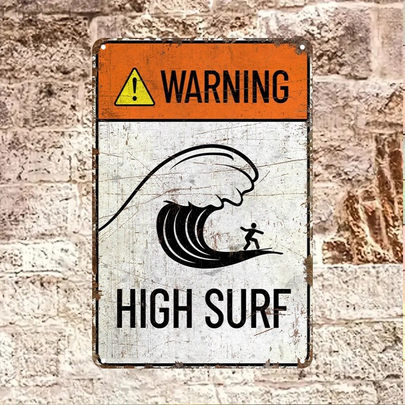 Rustic Distressed Metal Sign Warning High Surf Wave Surfer Beach Wall Decor