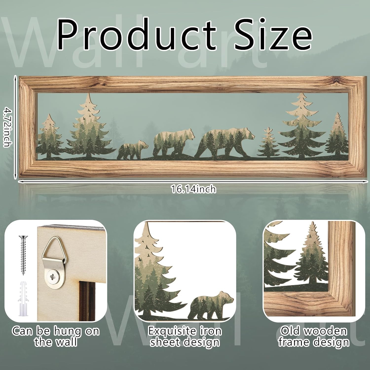 Woodland Bear Wall Art 16 Inch Wood Frame Metal Rustic Forest Animal Wall Decor