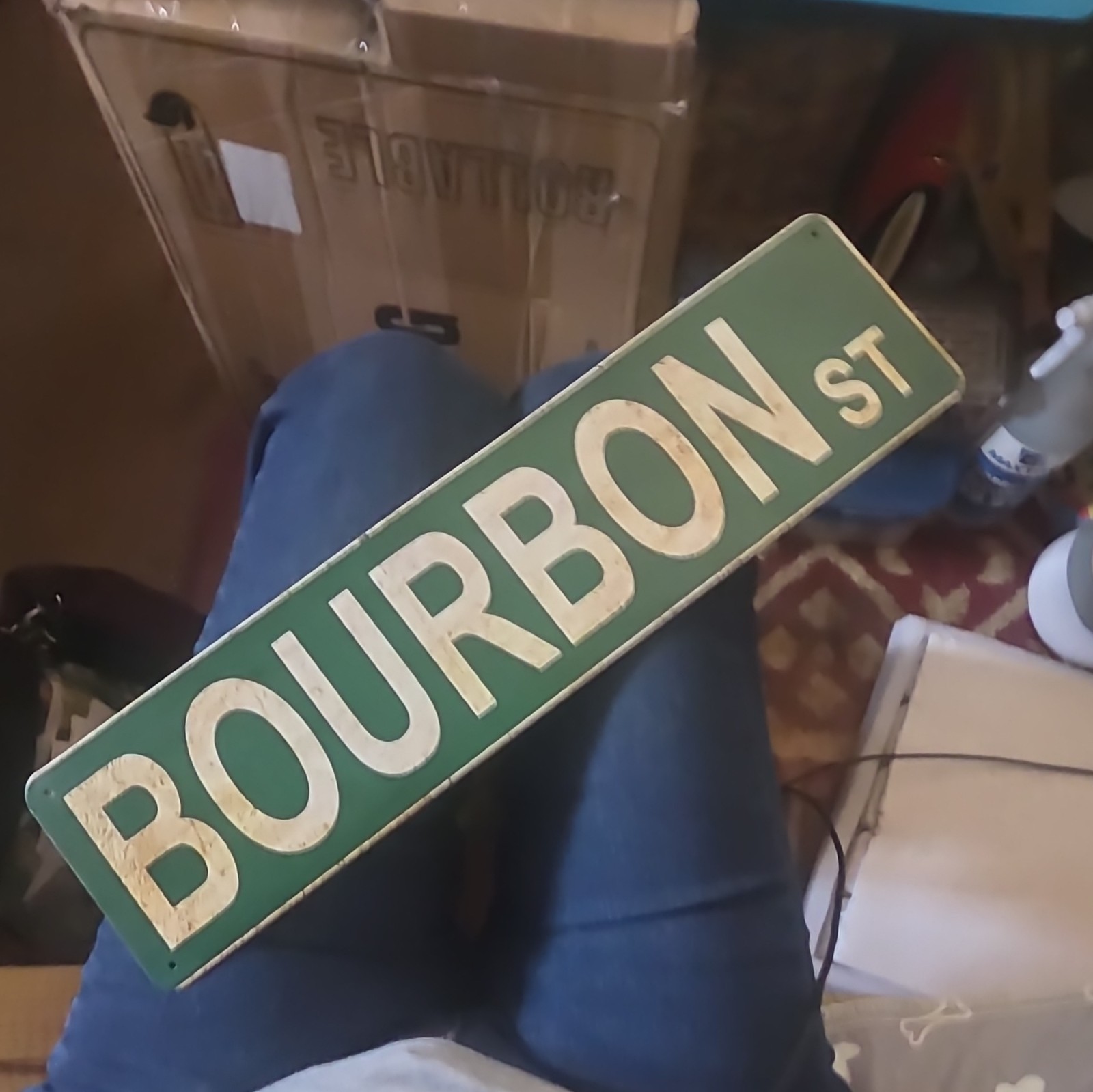 Green & White Metal “Bourbon St” Street Sign, Rectangular Horizontal Wall Plaque