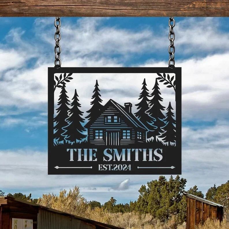 Personalized Bear Cabin Sign Custom Family Name Monogram Lodge Metal Wall Art De
