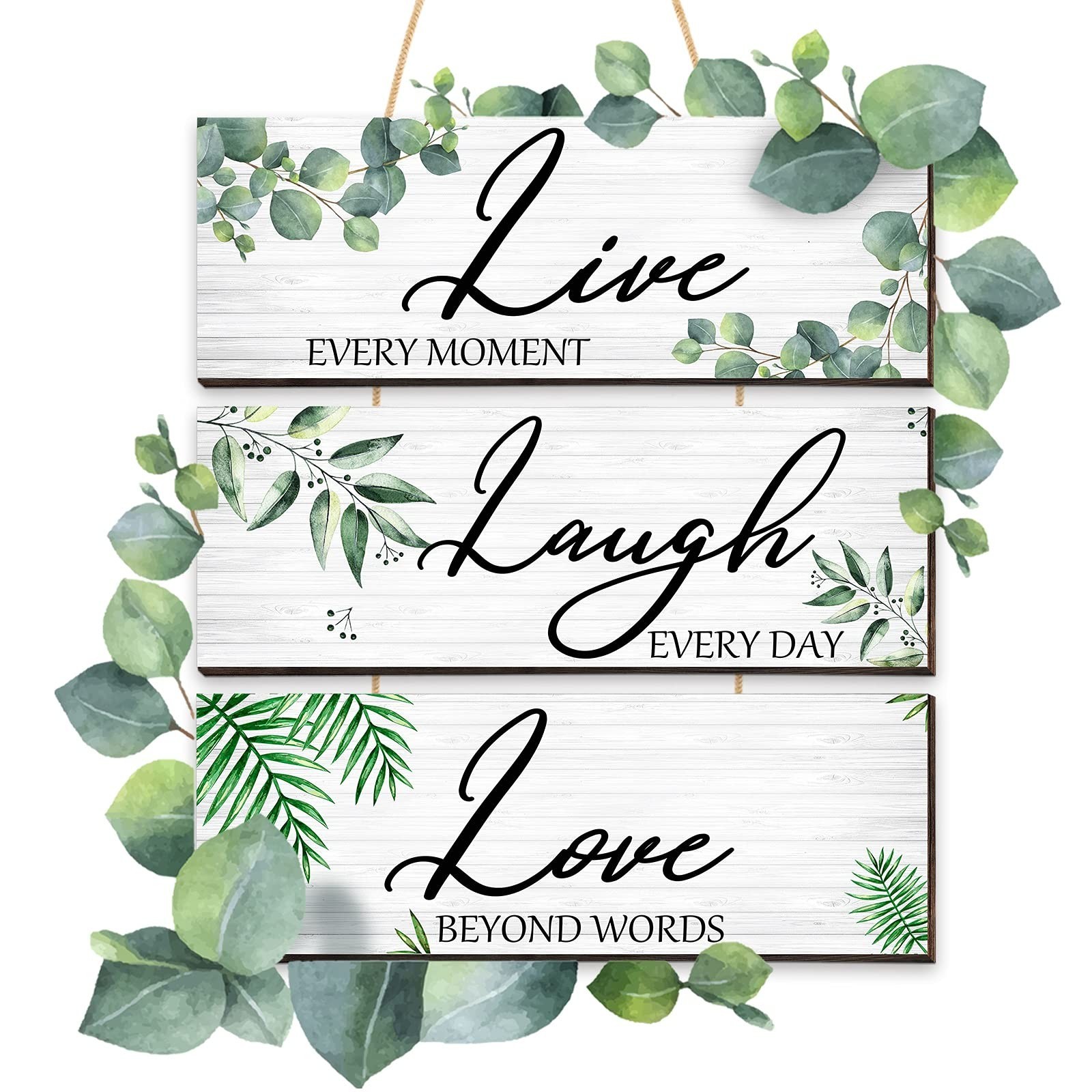 3 Pieces Live Laugh Love Wooden Sign Eucalyptus Leaves Wall Sign Farmhouse Bo…