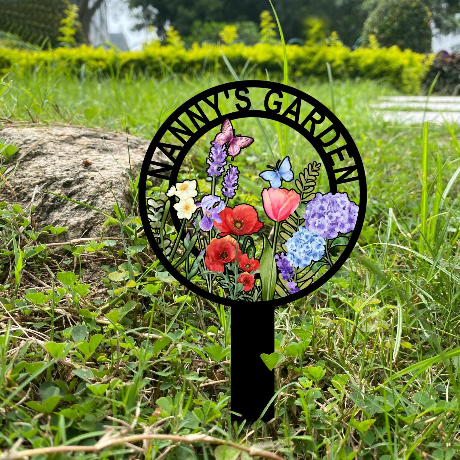 Custom Metal Garden Decor, Personalised Butterfly Flower Sign With Stakes