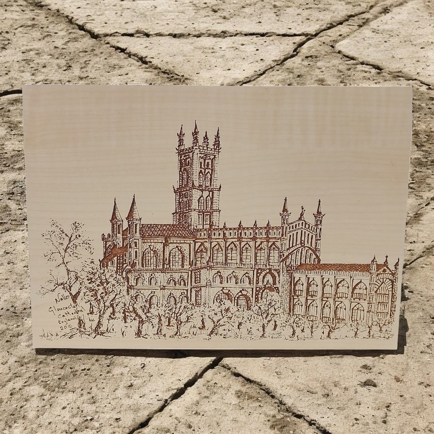 Handmade Pyrography Wood Art English Cathedral Church Drawing Rustic Wall Decor