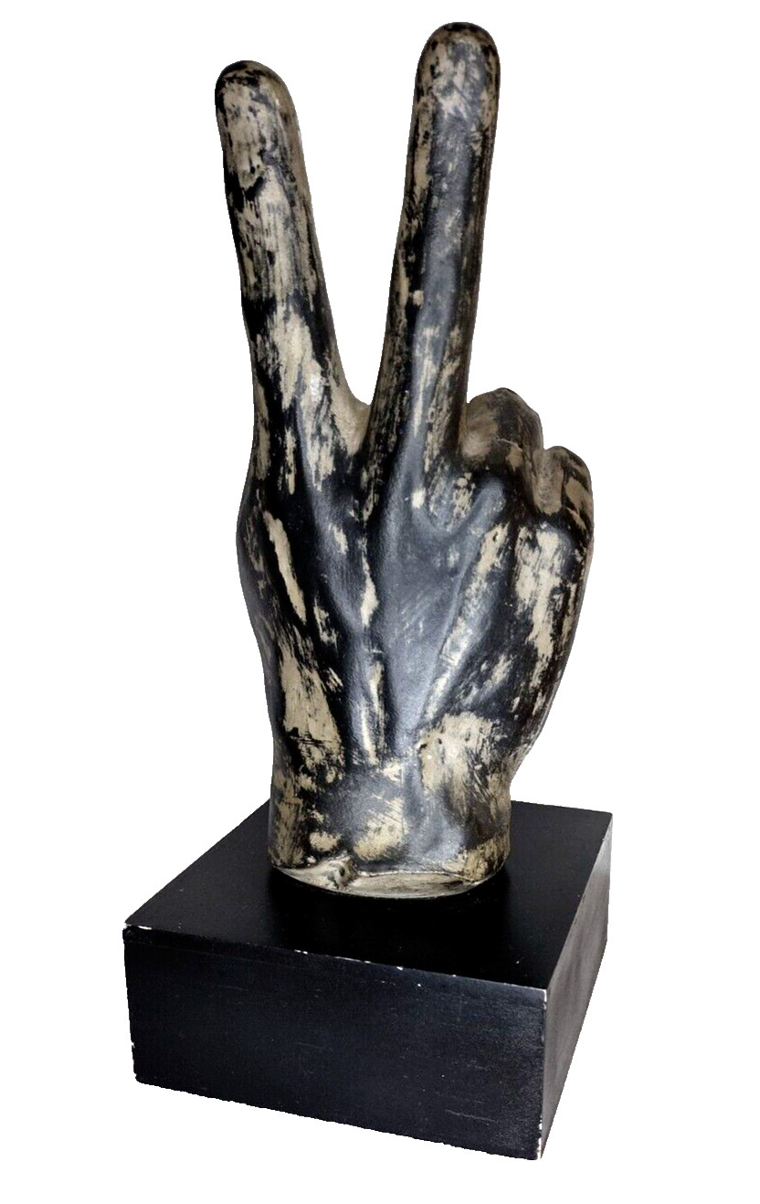 11 inch Hand Peace Symbol Distressed Resin Sculpture on Wooden Base