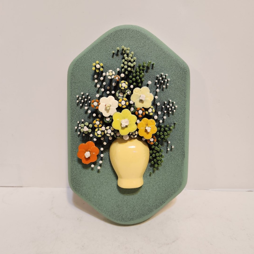 Vintage 1975 Pol-O-Craft Pauline Owens 3D Nail Floral Art Earthware Plaque 9″