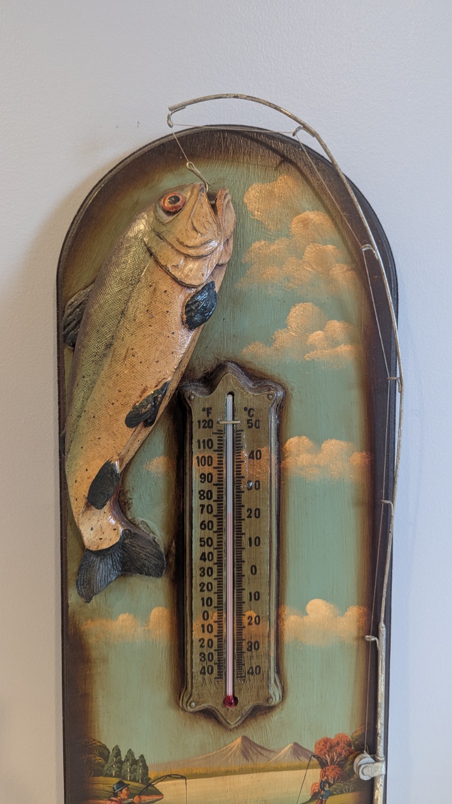 3D Fish On Hook Wall Plaque with Thermometer Fishing Decor Wall Hanging Vintage