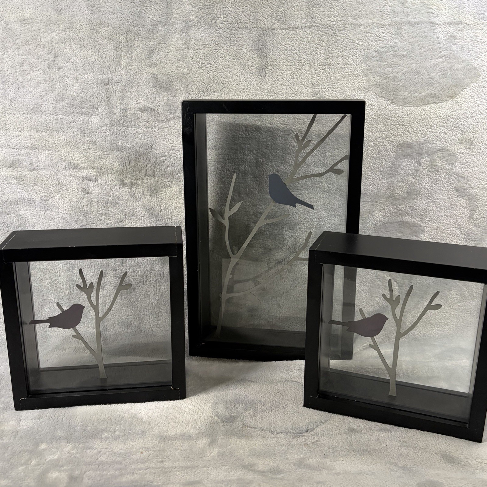 Bird Silhouette Shadow Box Decor Set of 3 Black Frame Glass Branch Modern