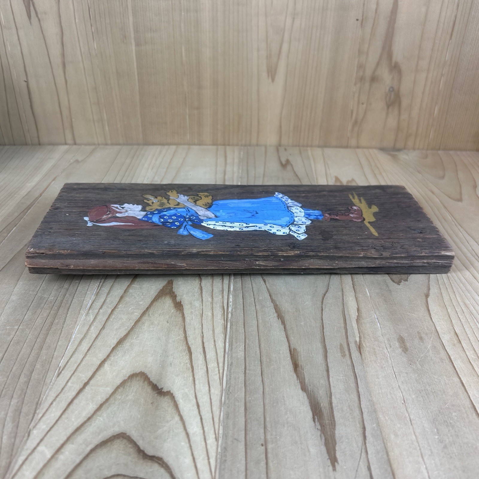 Vintage Barn Wood Art Hand Painted Girl With Teddy Bear 13×5 In
