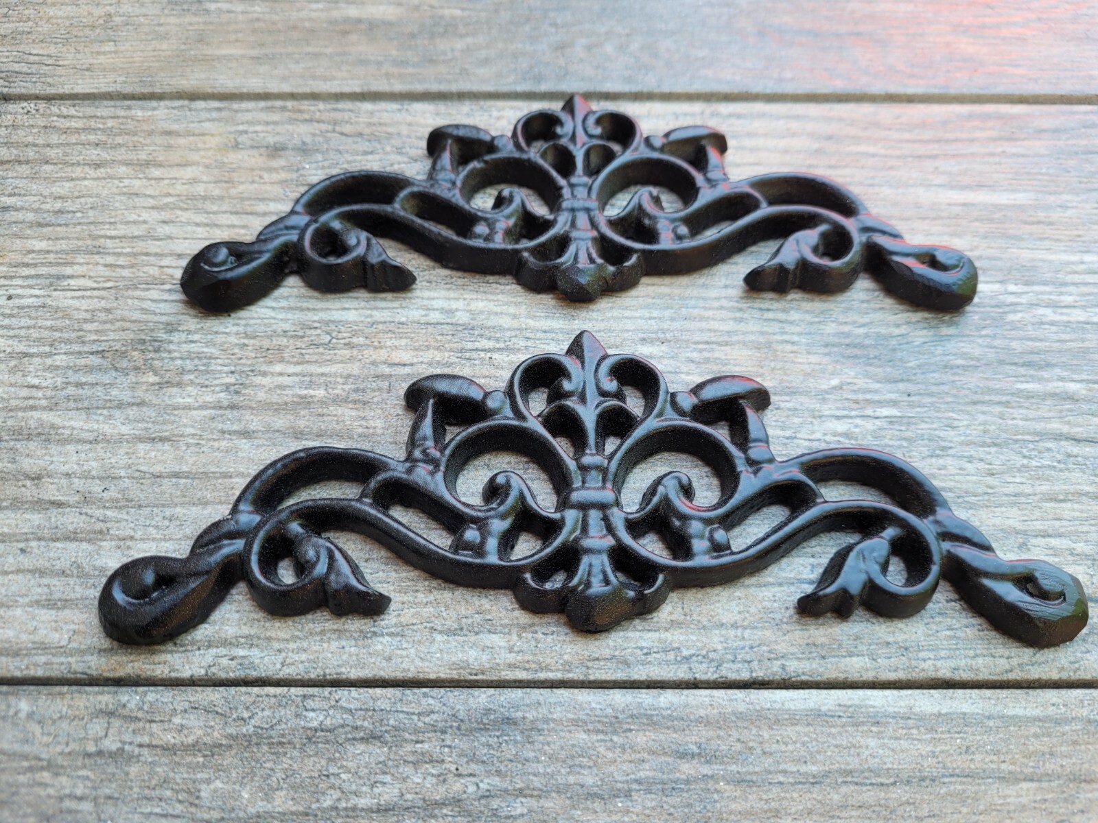 TWO Cast Iron Scroll Toppers, Cabinet Hardware, Wall Plaques, drawer decor royal