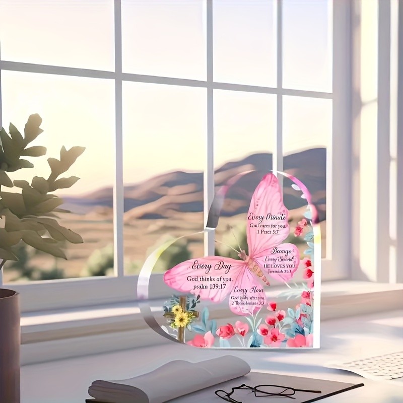 Spiritual Acrylic Heart Ornament Pink Butterfly Gift Contemporary Desk Art
