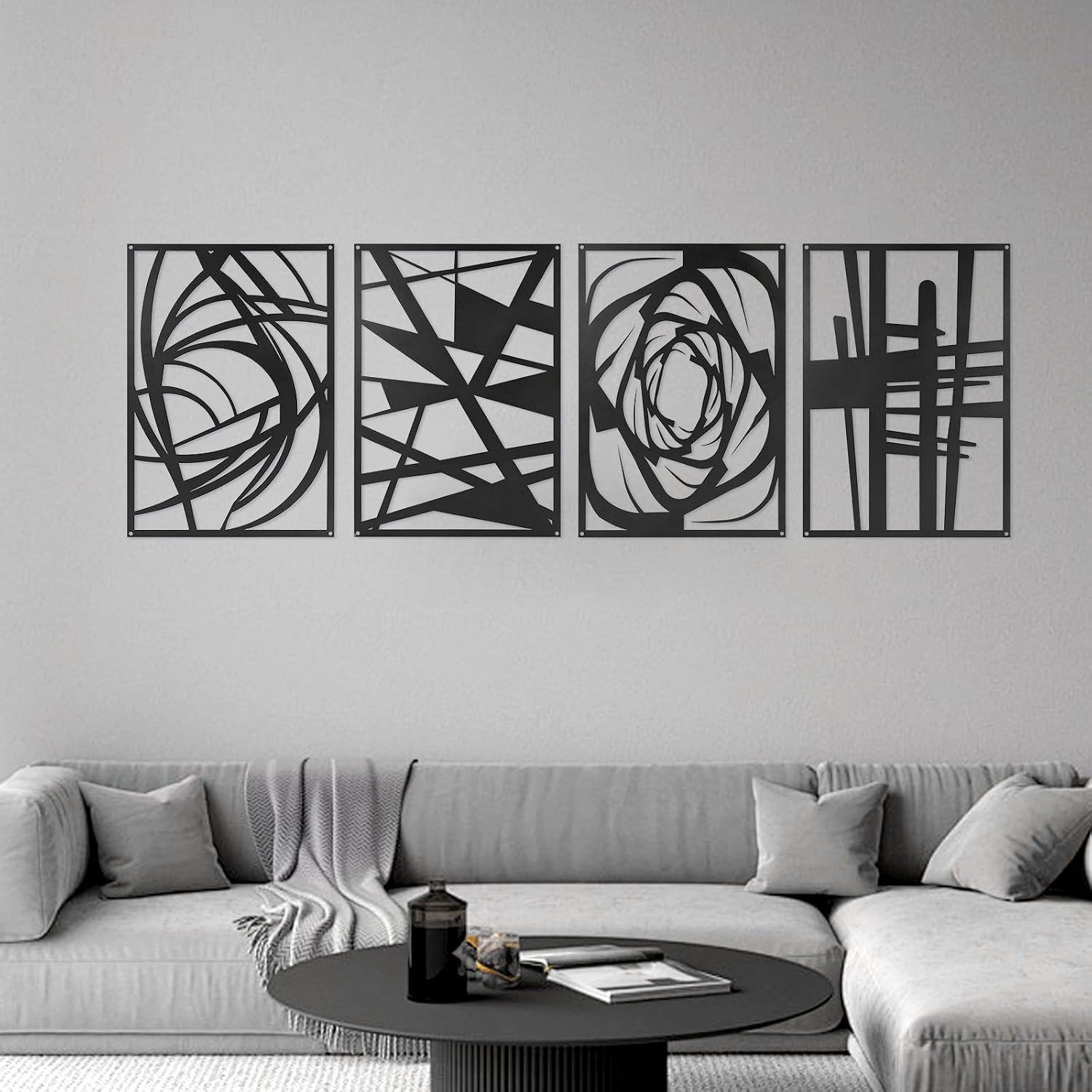 4 Pieces Black Abstract Metal Wall Art, Modern Minimalist Matte Wall Decor, 3D T