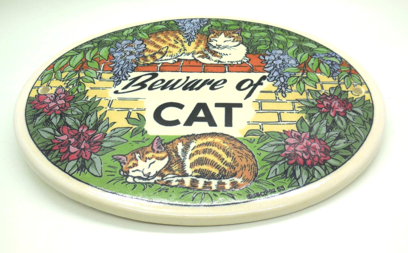 Vtg 92 Santa Barbara Ceramic Design Beware of Cat 8-3/8″ Oval Plaque Tile Sign