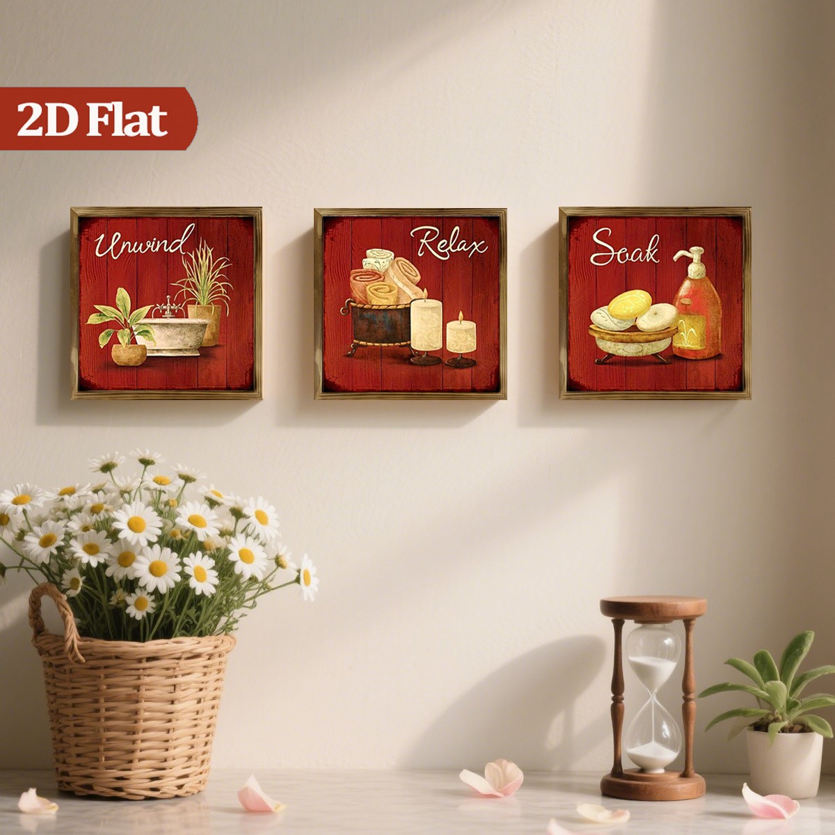 3Pcs Rustic “Relax Unwind Soak” Wooden Sign Framed Farmhouse Bathroom Decor Gift