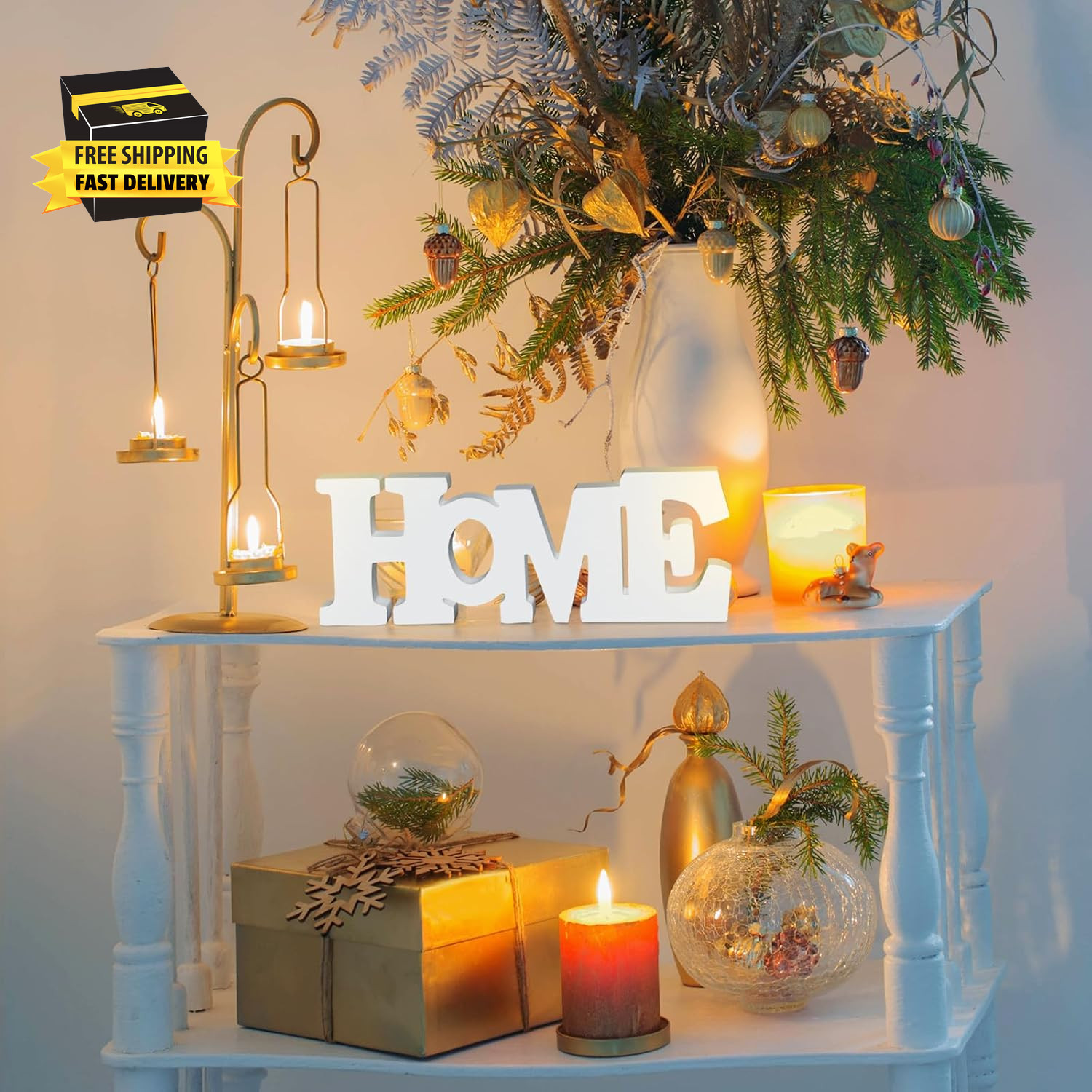 Wooden Blocks Wall and Table Top Decor: Freestanding Letter HOME Sign for Living