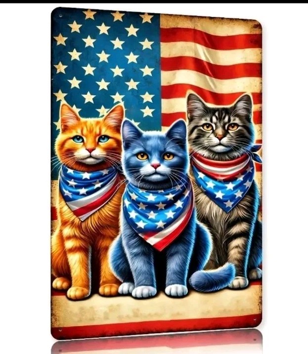 Patriotic Cats American Flag Metal Sign Rustic Wall Art 3 Cats USA Decor