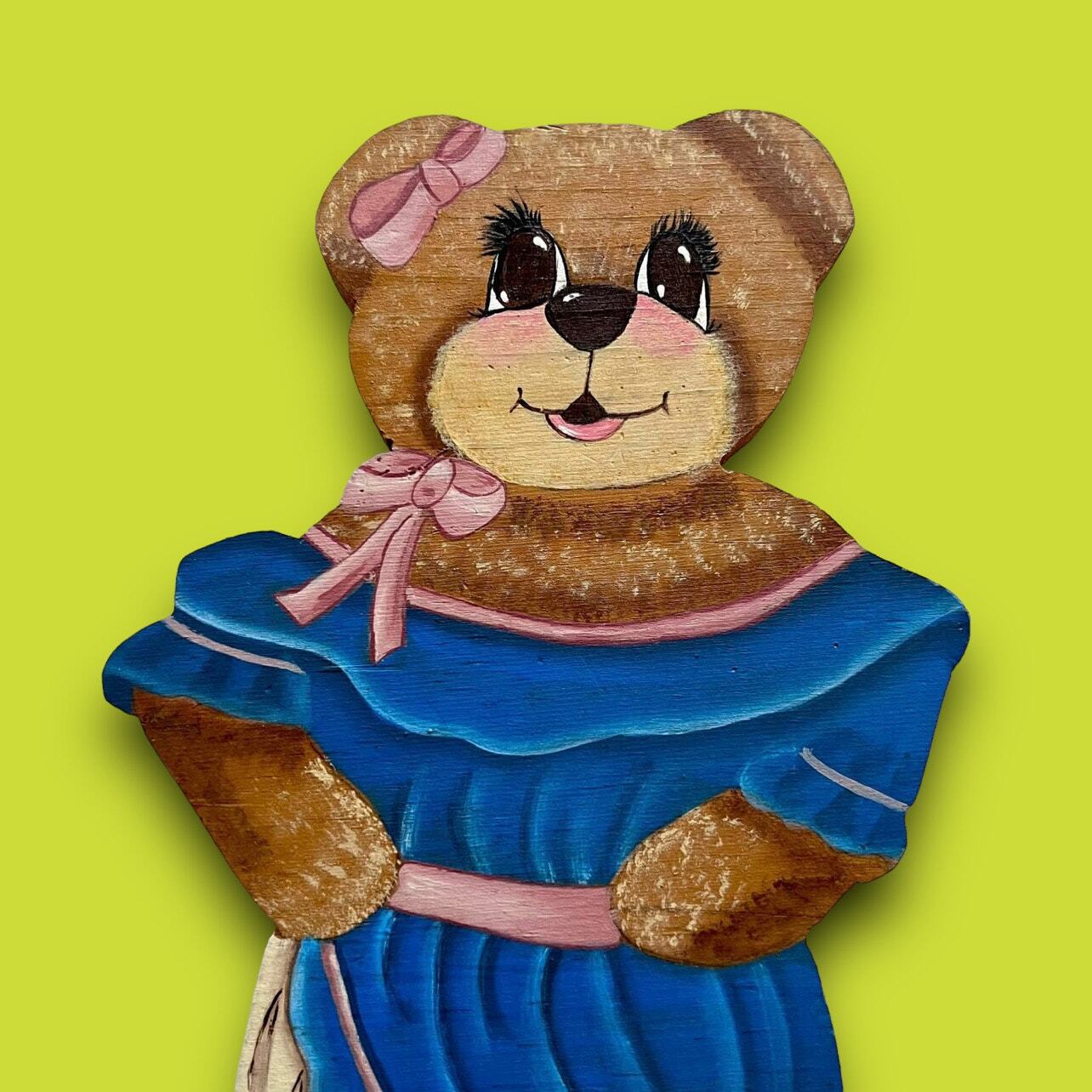 Western Teddy Bear Wooden Wood Wall Hanging Cowgirl Cowboy Nursery Decor Vintage
