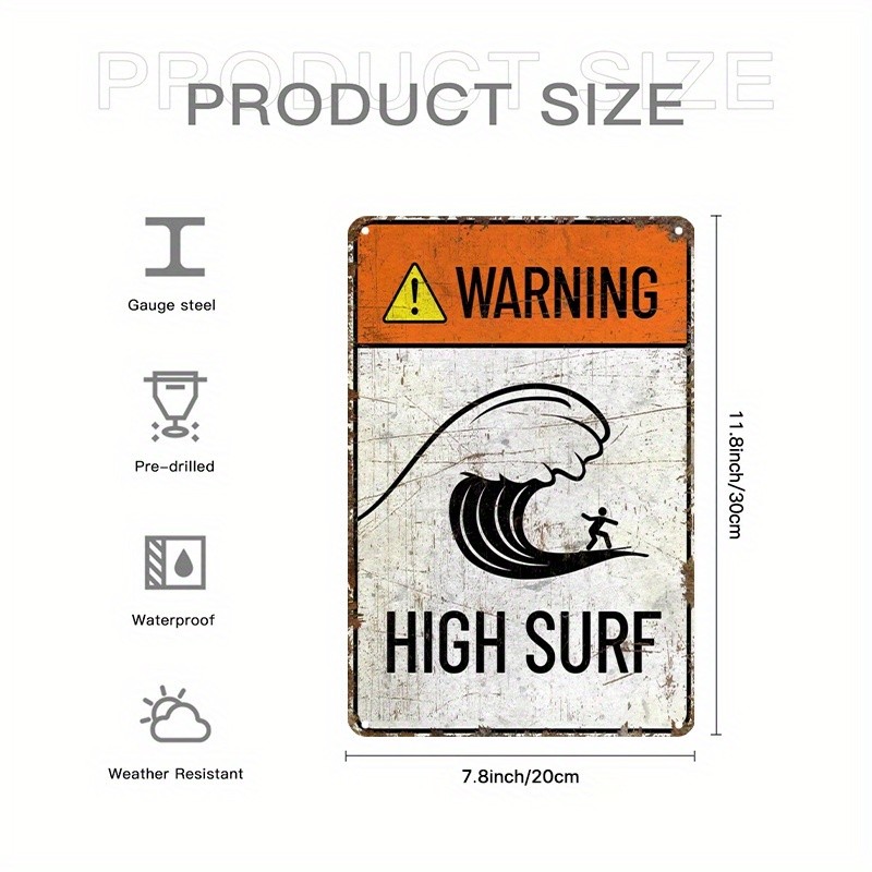 Rustic Distressed Metal Sign Warning High Surf Wave Surfer Beach Wall Decor