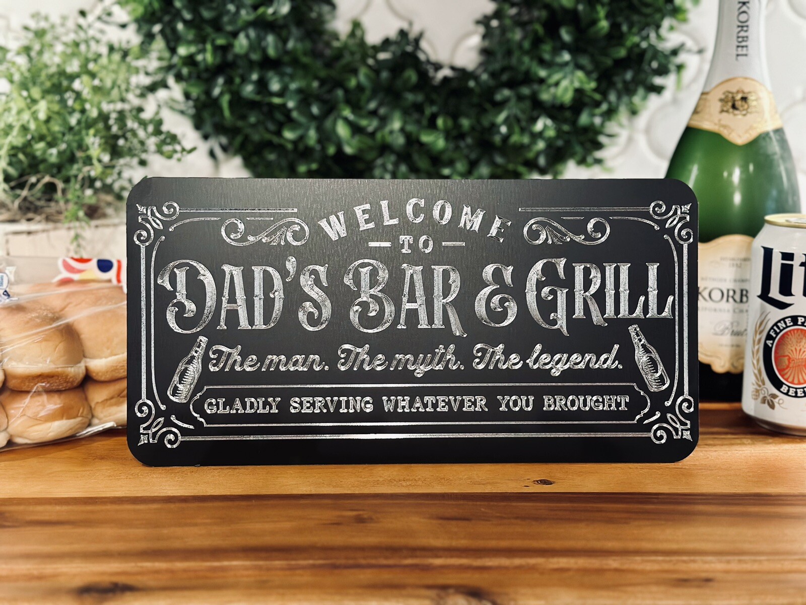 Welcome to Dad’s Bar & Grill Diamond Etched Metal 15×7 Sign Father’s Day Gift