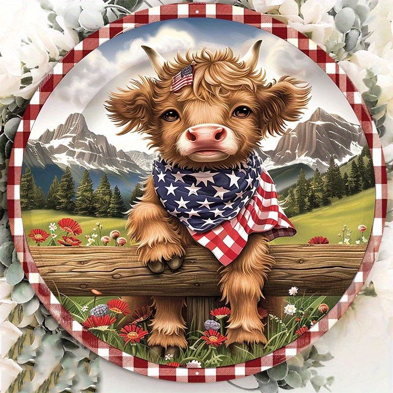 Vintage Patriotic Highland Cow USA Metal Sign 4th July Porch Holiday Wall Decor