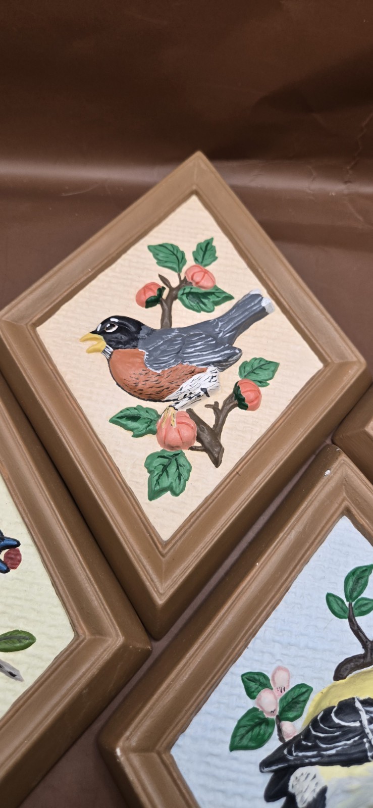 Vtg Set Of 4 Diamond Shaped Ceramic Wall Art Painted Wildlife Birds 8X6″
