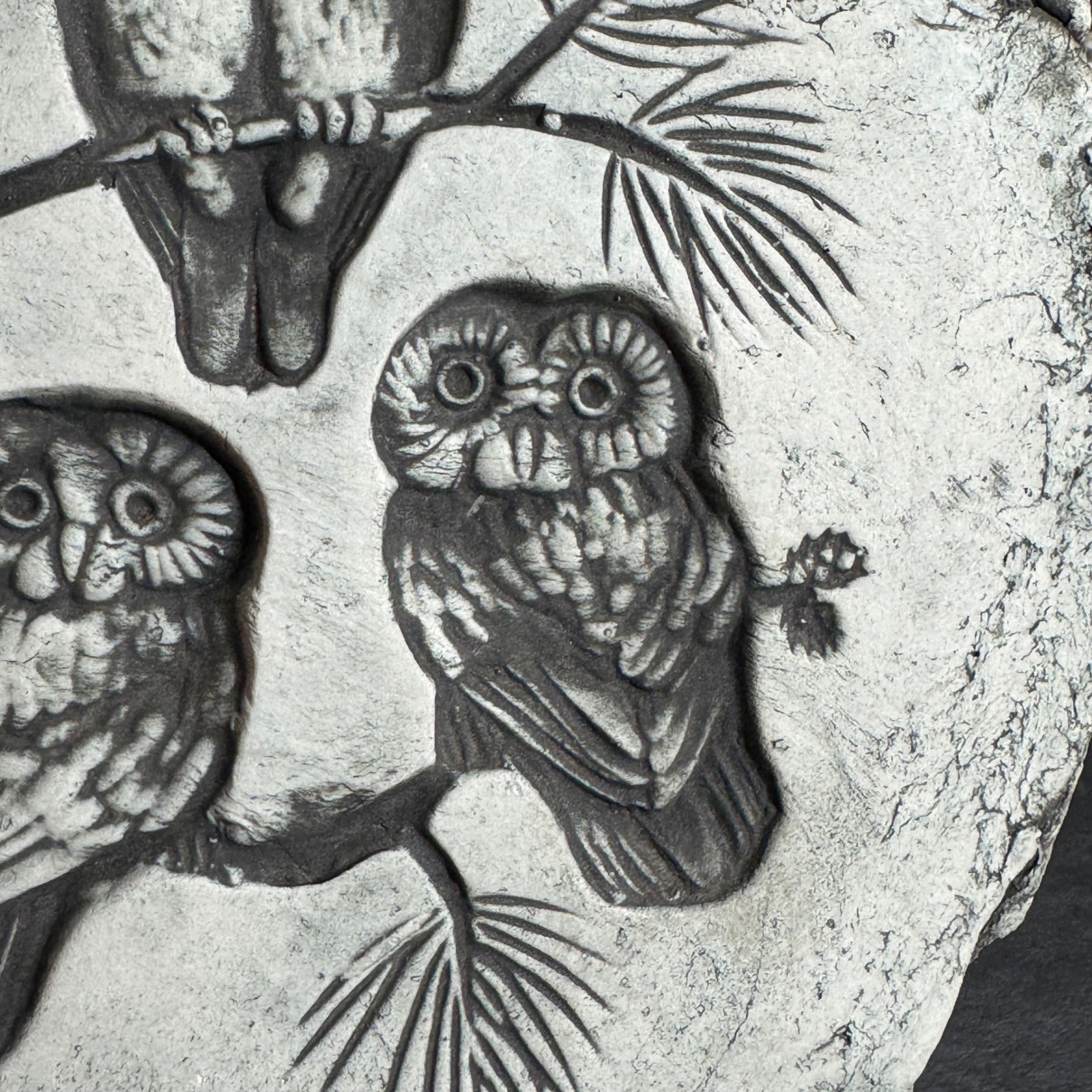 Vintage Signed Jan Three Owls on Pine Branch Stone Wall Plaque Rustic Decor 7.5″