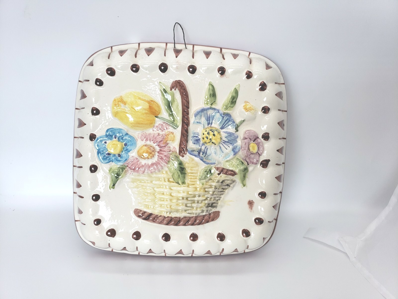 Vintage Ceramic Hand Painted Raised Floral Wall Hanging Mold Italy 9.5″ Square