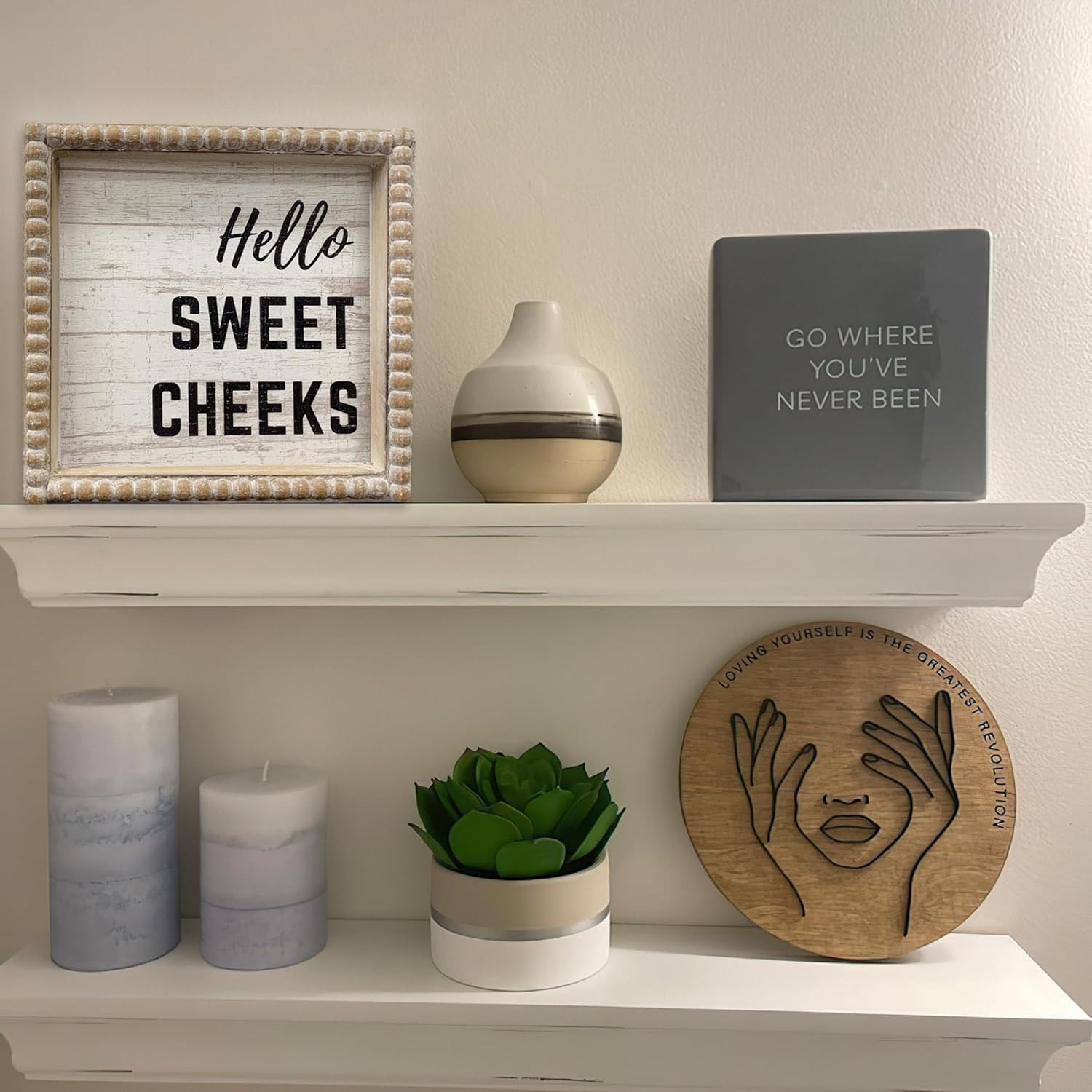 Boho Farmhouse Wooden Framed Bathroom Decor Signs, Funny Restroom Decorative Pla